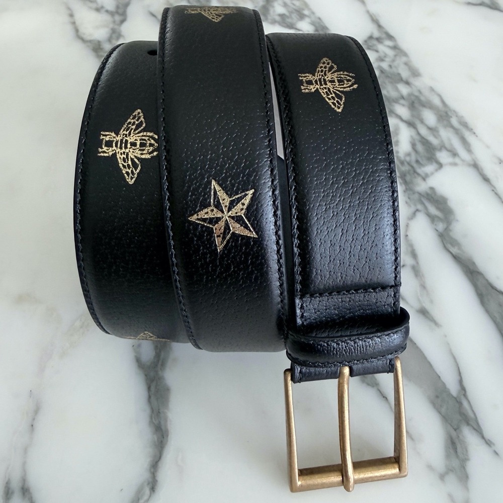 Gucci 495122 Black Leather Bee and Star Print Belt Gold‎ Buckle size 95/38 - Picture 6 of 12
